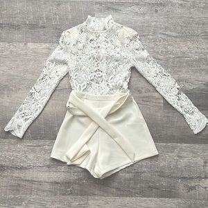 White Lace Mock-Neck Long Sleeve Romper